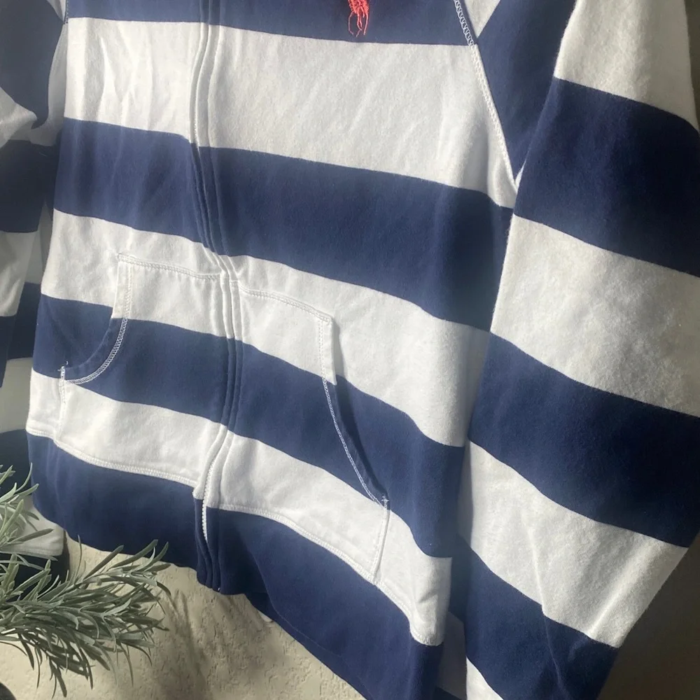Ralph Lauren Kids Navy & White Striped Zip-Up Hoodie with Pink Horse Polo Logo